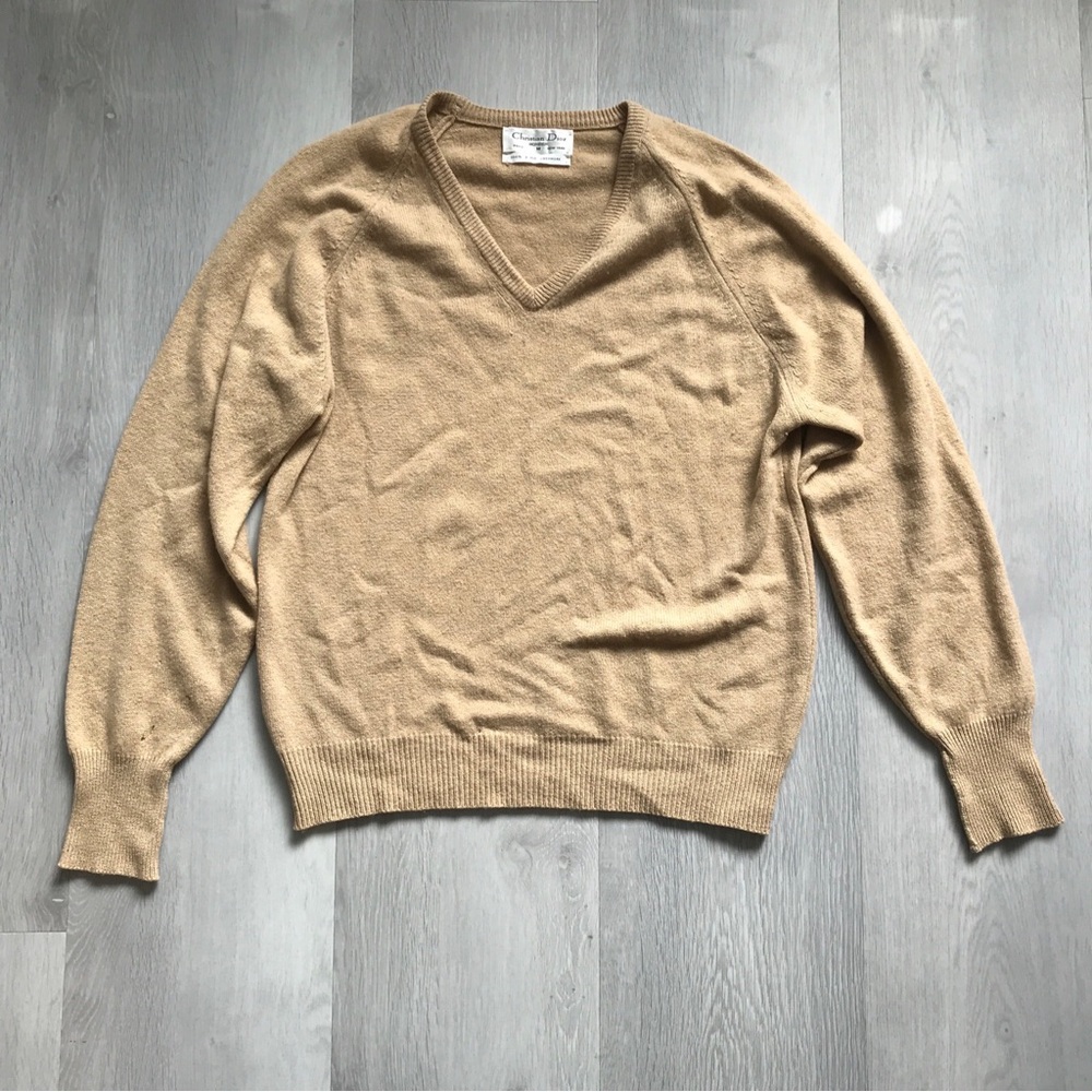VINTAGE CHRISTIAN DIOR 100% CASHMERE V NECK LONG SLEEVE SWEATER MULTIPLE HOLES M